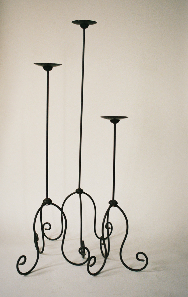 Vintage Sculptural Metal Floor Candle Holder Set