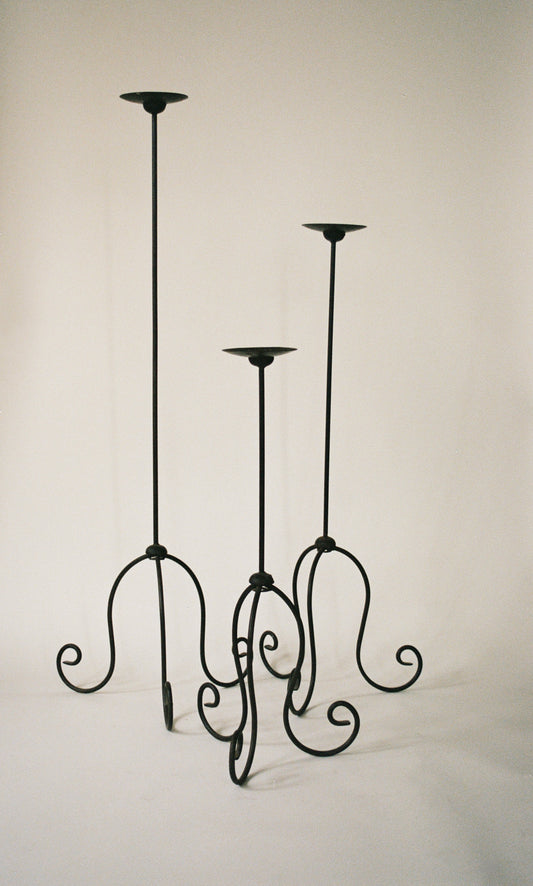 Vintage Sculptural Metal Floor Candle Holder Set