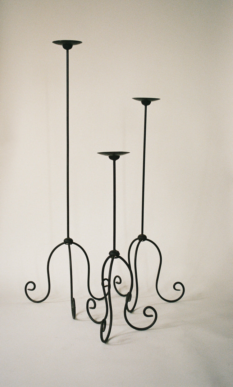 Vintage Sculptural Metal Floor Candle Holder Set