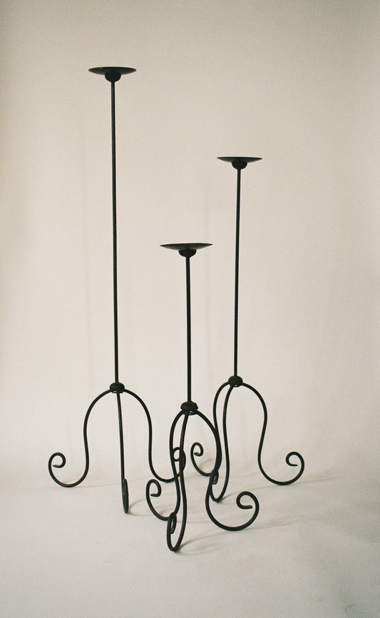 Vintage Sculptural Metal Floor Candle Holder Set
