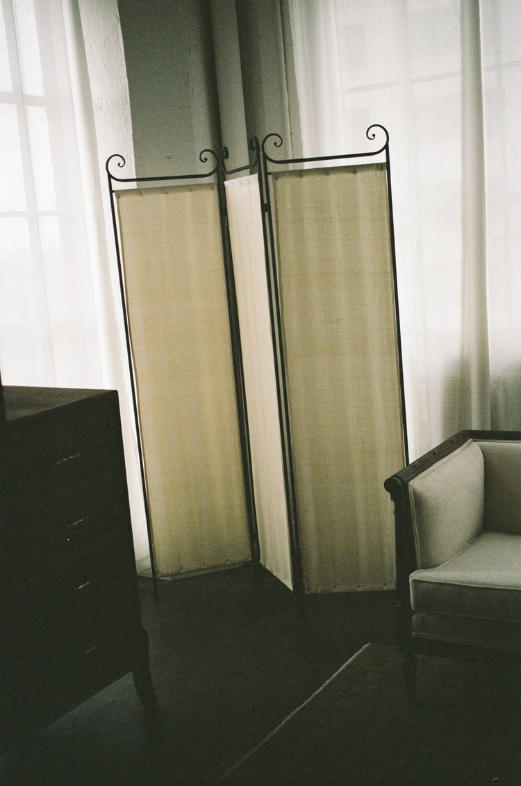 Vintage Scrollwork Metal Folding Screen with Silk Panels
