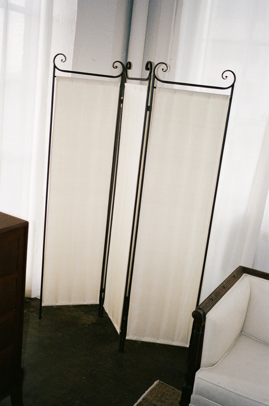 Vintage Scrollwork Metal Folding Screen with Silk Panels