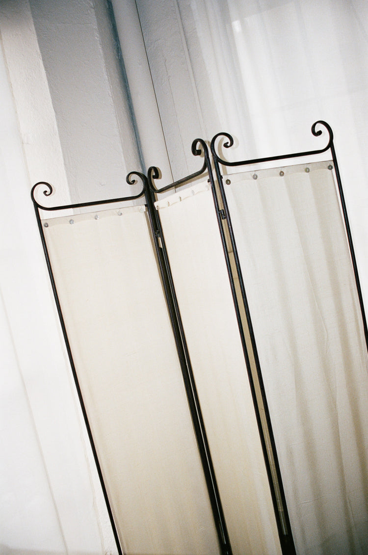 Vintage Scrollwork Metal Folding Screen with Silk Panels