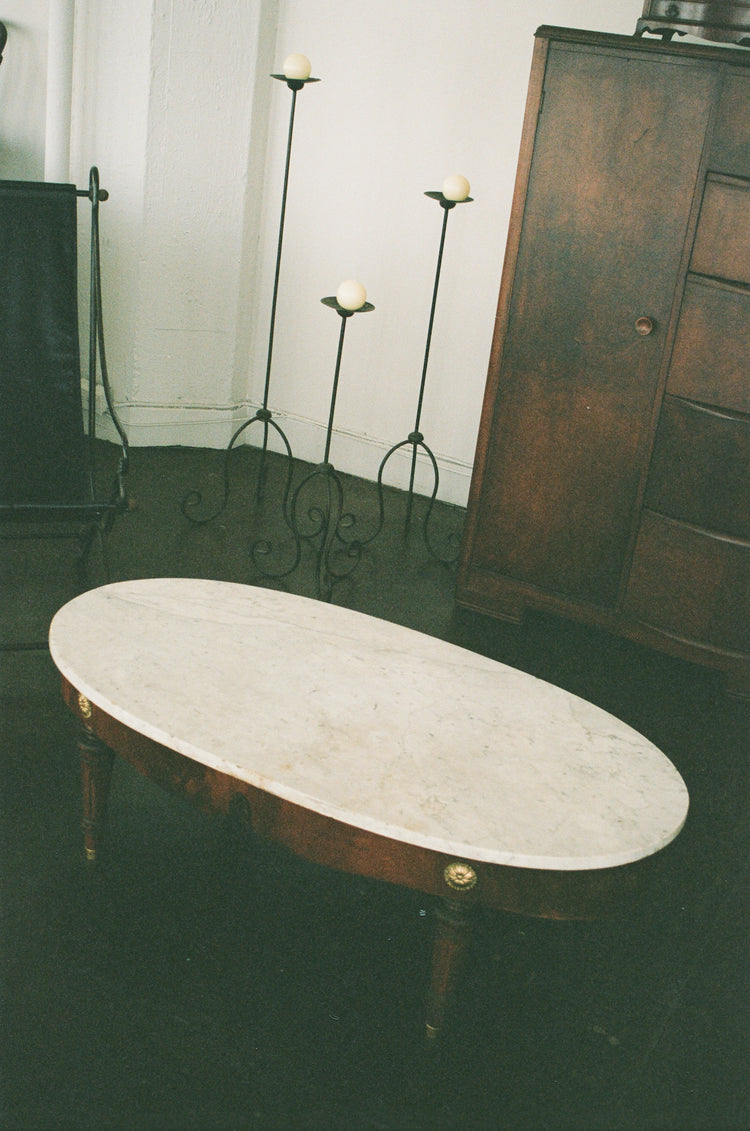 Vintage Oval Marble Top Wood Coffee Table with Brass Rosette Details
