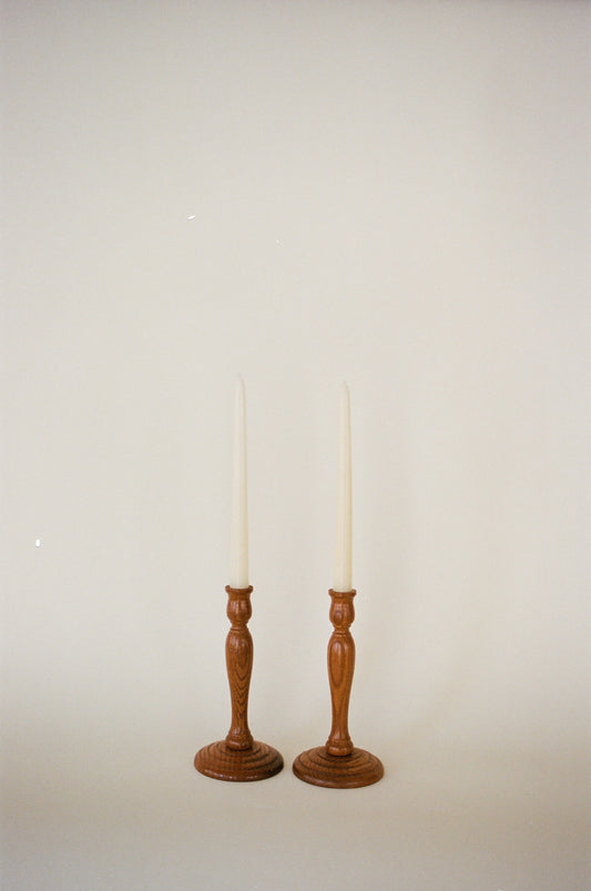 Pair of Vintage Turned Oak Taper Candlesticks