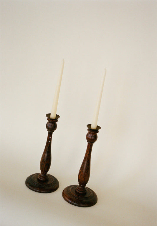Pair of Vintage Turned Wood Candlesticks with Brass Detail