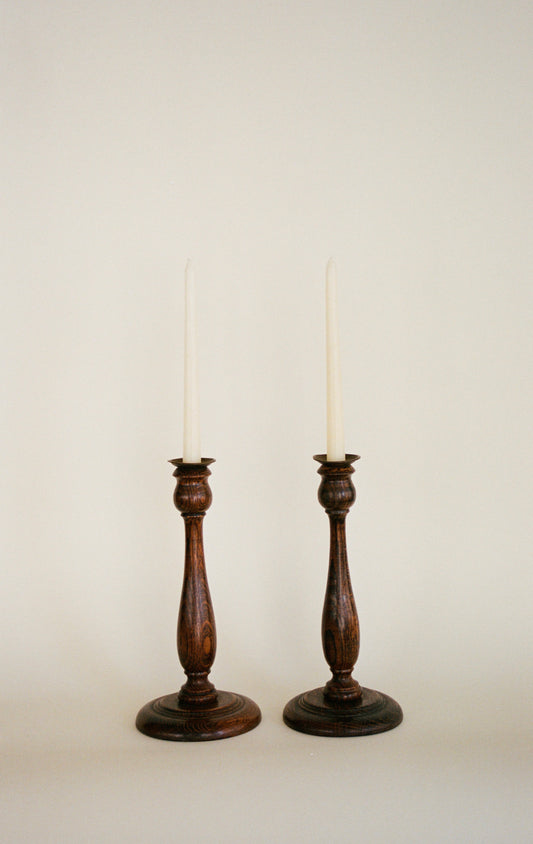 Pair of Vintage Turned Wood Candlesticks with Brass Detail
