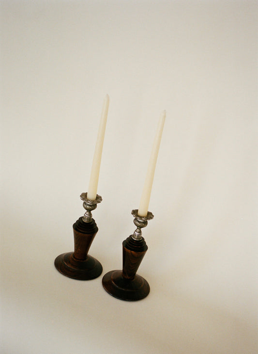 Pair of Vintage Sculptural Wood & Silver-Tone Candlesticks