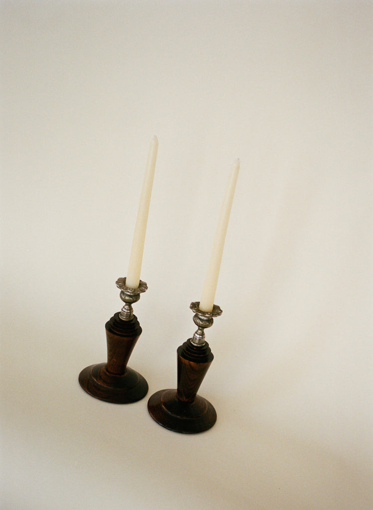 Pair of Vintage Sculptural Wood & Silver-Tone Candlesticks