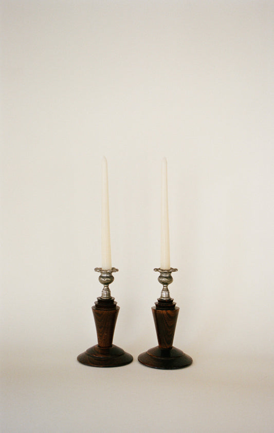 Pair of Vintage Sculptural Wood & Silver-Tone Candlesticks