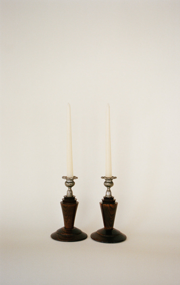 Pair of Vintage Sculptural Wood & Silver-Tone Candlesticks