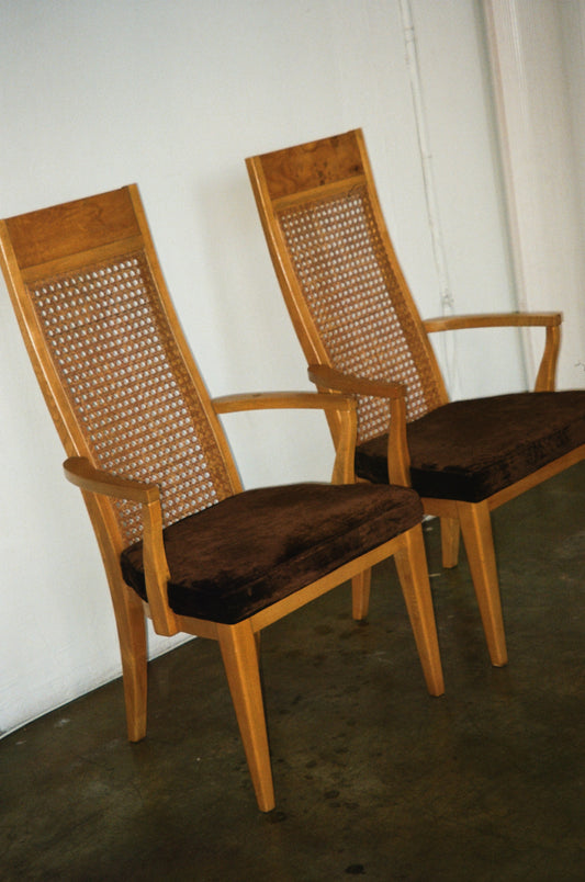 Pair of Lane Mid Century Burlwood and Cane Dining Chairs