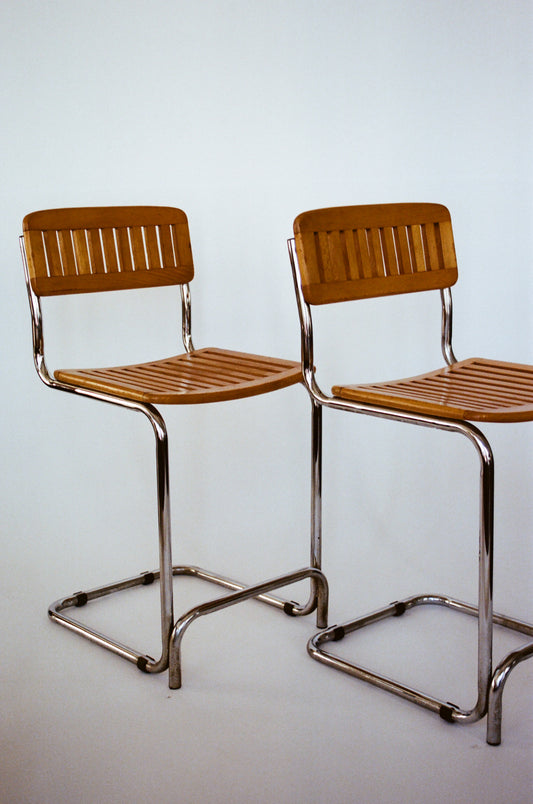 Pair of Cantilever Chrome and Wood Barstools