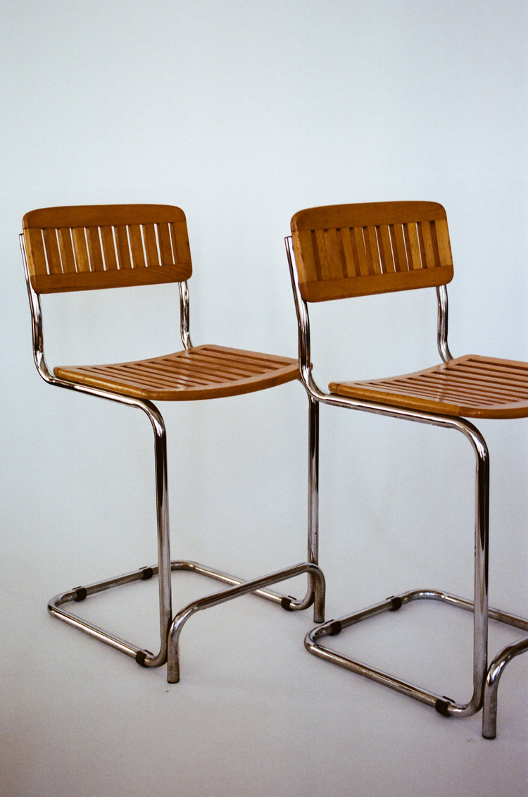 Pair of Cantilever Chrome and Wood Barstools