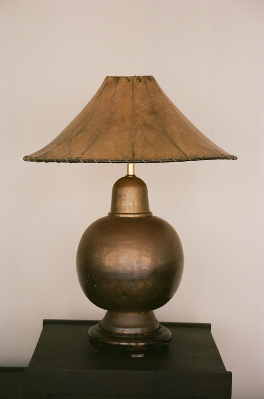 Hammered Brass Table Lamp with Hide Lampshade
