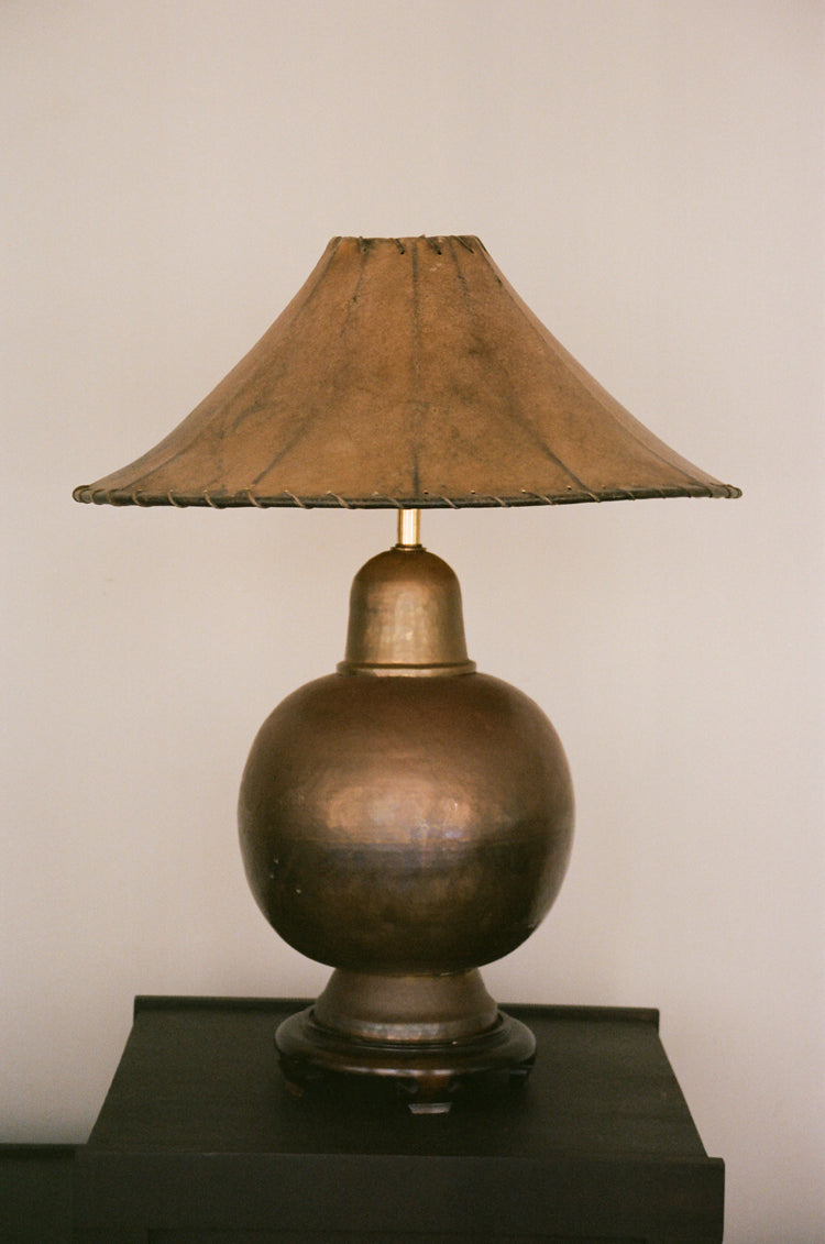 Hammered Brass Table Lamp with Hide Lampshade