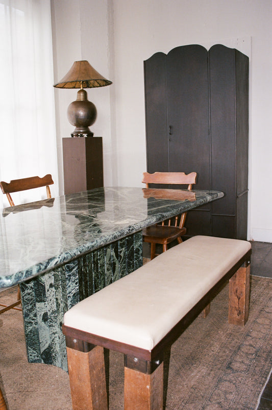 Cream Leather and Wood Bench