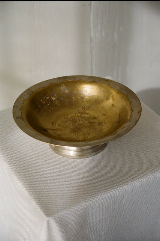 Vintage Etched Brass Pedestal Bowl with Patina