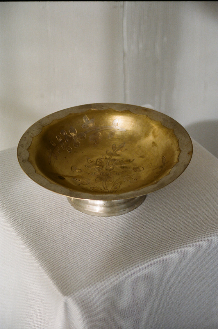 Vintage Etched Brass Pedestal Bowl with Patina