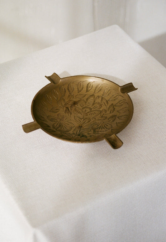 Vintage Brass Ash Tray with Floral Etching