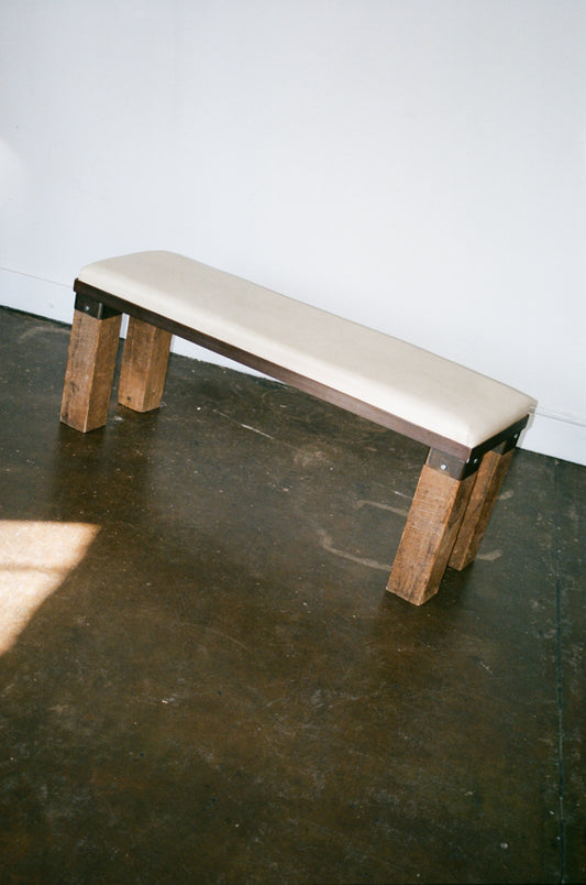 Cream Leather Bench with Block Wood Legs